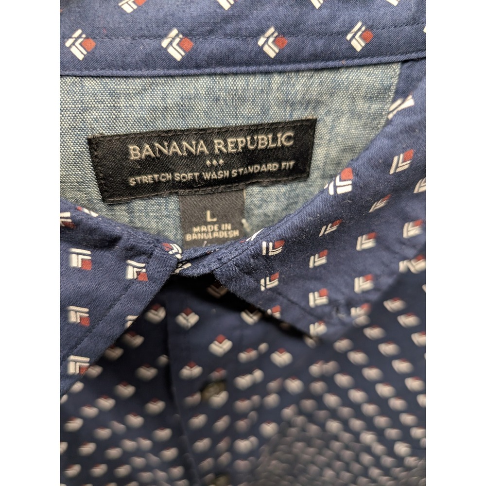 Bnwt Banana Republic Mens Stretch Soft Wash Standard Fit Shirt Navy Geometric L